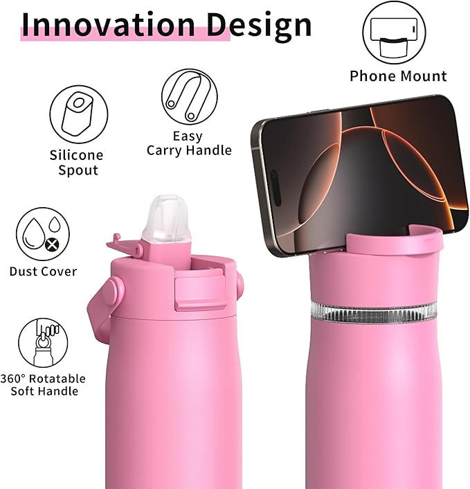 LISI 24oz Insulated Water Bottle, Double Wall Stainless Steel Water Bottles with Straw, 100% Leak-Proof Travel Thermal Canteen Mug with 2 Lids (Straw, Phone Holder Lid)