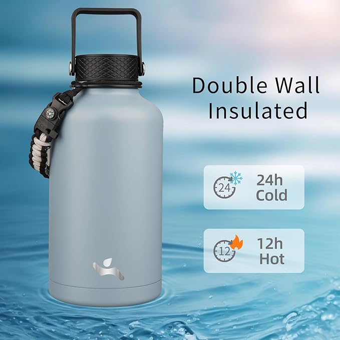 Konokyo Half Gallon Insulated Water Bottle with Straw,64 oz 3 Lids Water Jug with Carrying Bag,Paracord Handle,Double Wall Vacuum Stainless Steel Metal Flask,Storm Blue