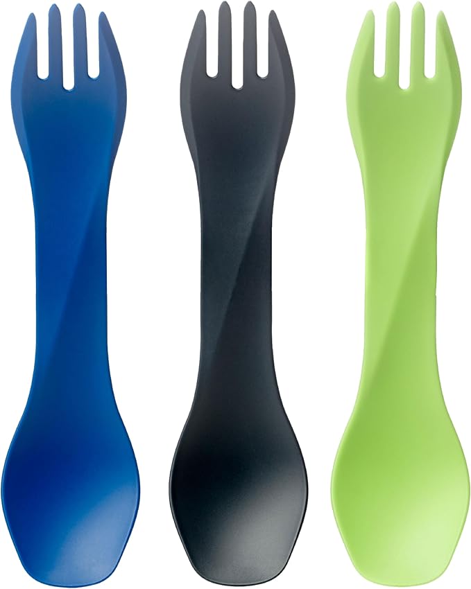 humangear GoBites Uno 3-Pack | Travel & Camping Utensils | Portable & Convertible Dining Ware | Multi-Functional Spork | Blue/Gray/Green, Uno 3-Pack