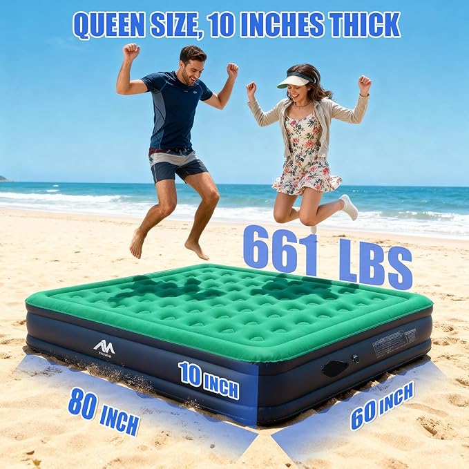 AYAMAYA Queen Camping Air Mattress with Built-in Rechargeable & Detachable Pump, 10" Height Inflatable Blow Up Airbed, Portable Self Inflating Sleeping Pad for Tents, Outdoor, Travel, Home, Guests