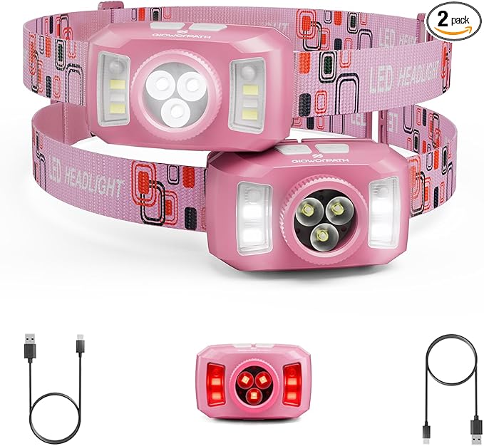 Upgraded Headlamp Rechargeable, Ultra Bright Headlight Flashlight with White Red Light, Motion Sensor Head Lights for Forehead, 6 Modes Head Lamp for Outdoor Camping Running Waterproof (2, Pink)