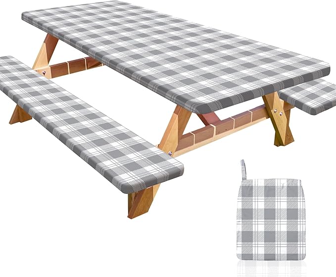 Picnic Table Cover with Bench Covers Portable Table Cloth Built-in Storage Pocket Fitted Tablecloth with Elastic Edges Waterproof Camping Essentials for Indoor Outdoor Rv,96in,Light Grey