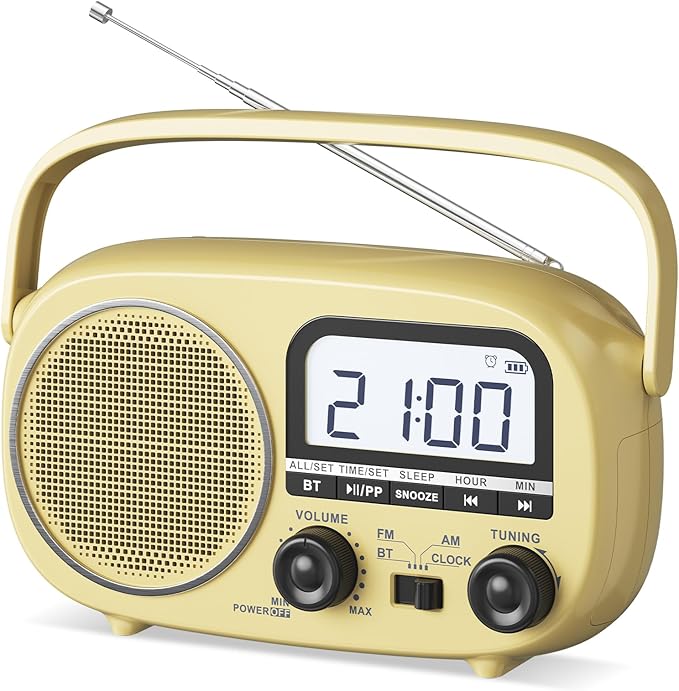 Portable Radio AM FM with Bluetooth,Built-in Rechargeable Battery/Plug in Wall/4*D Cell Battery Operated, Digital Time Display, Transistor Radio for Home,Outdoor,Gift,Seniors (Yellow)