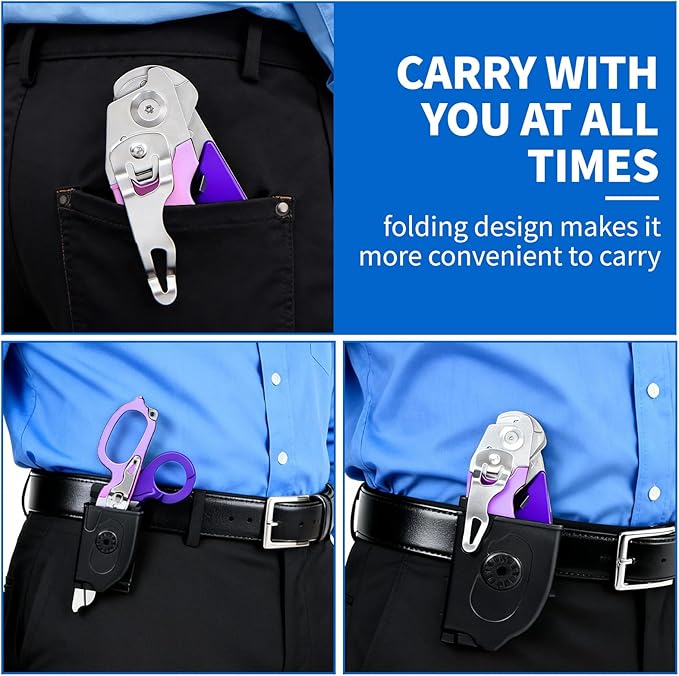 Folding Trauma Shears for EMT Accessories, 6 in 1 Multi-function Medical Shears with Holster for Outdoor Camping, Emergency Rescue, First Responders (Purple)