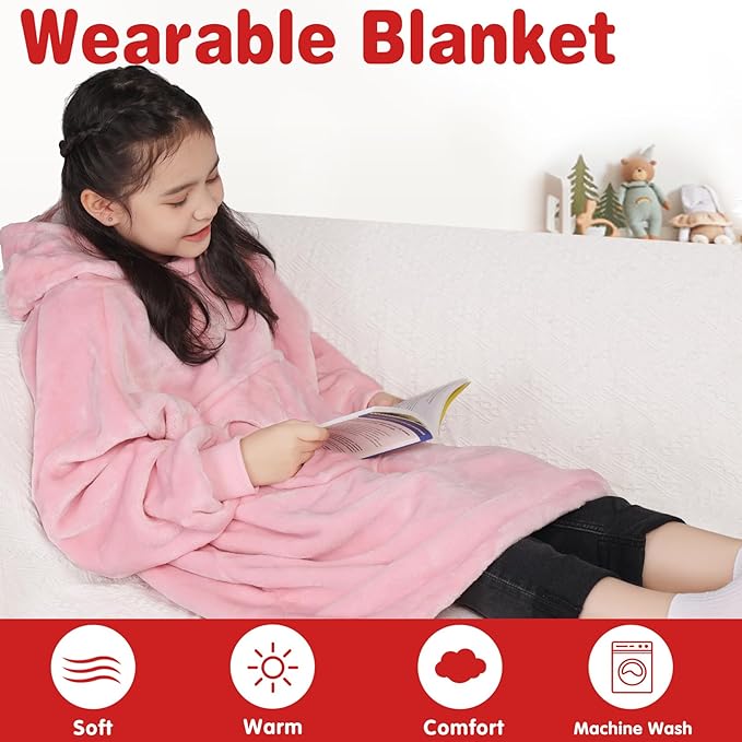 Waitu Wearable Blanket for Kids, Wearable Blanket Hoodie Gifts for Teens Girls and Boys, Warm Blanket Sweatshirt for Teenage, Hoodie Blanket with Sleeves - Bright Pink