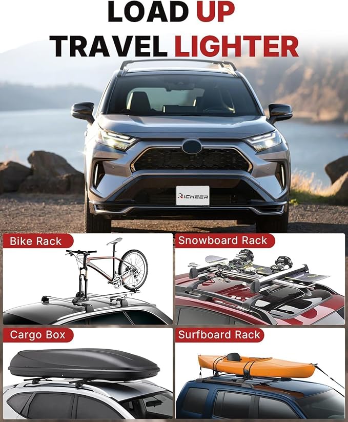 Richeer 300LBS Roof Rack Cross Bars for 2019-2025 RAV4 with Side Rails,Lockable Heavy Duty Aluminum Cross Bar with Anti-Theft Locks for Cargo Racks Rooftop Luggage Carrier Canoe Kayak Bicycle roof Bag