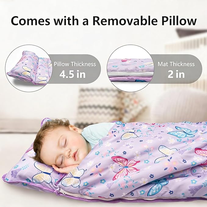 Primlect Toddler Nap Mat Extra Large Thickened 55''x35'', Soft Sleeping Bag with Detachable Minky Blanket and Pillow, Portable for Daycare, Preschool, Kindergarten, Travel, Boys and Girls