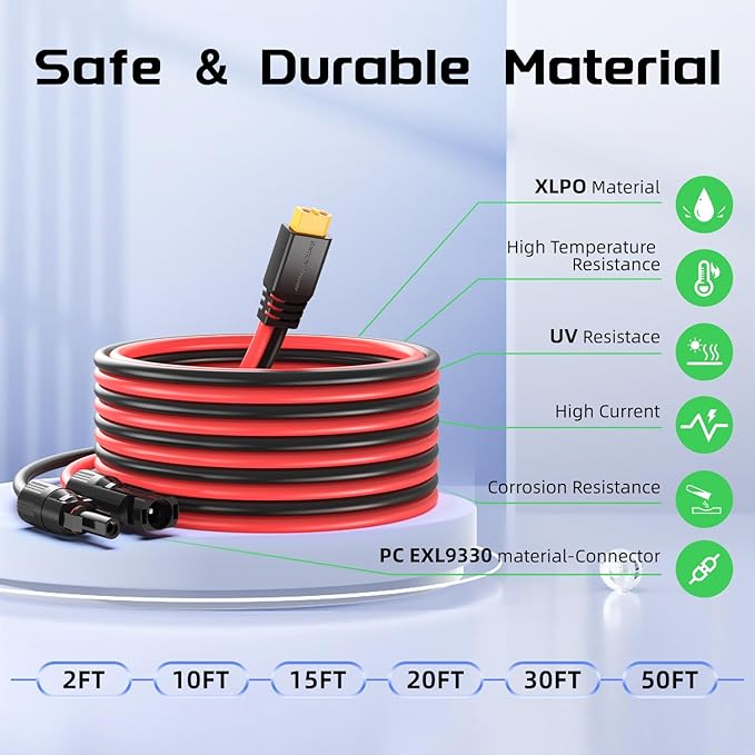 Bateria Power Solar to XT60 Charge Extension Cable 10AWG 50Ft, Solar Connector to XT60 Adapter Cable for Solar Panel to LiFePO4 Battery RV Portable Power Station Solar Generator,10AWG 50Ft