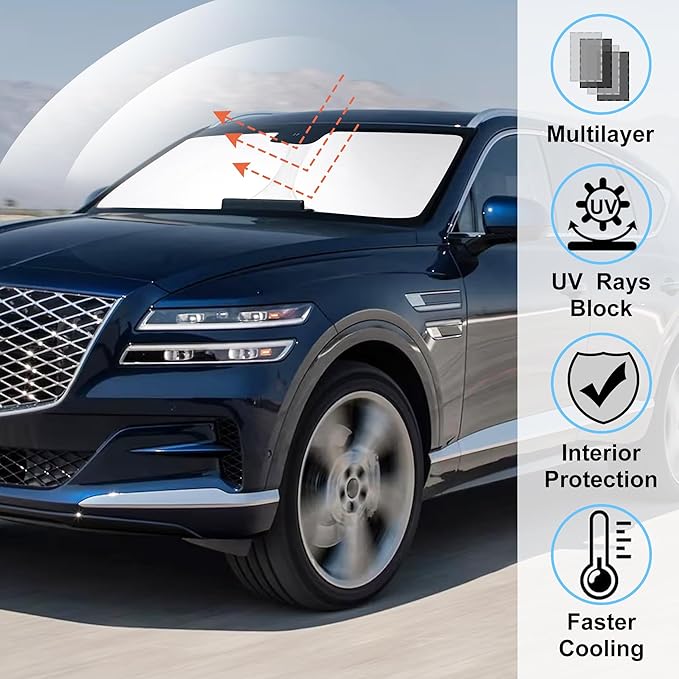 Windshield Sun Shade Custom Fit 2021 2022 2023 2024 2025 2026 Genesis GV80 Accessories Foldable Sunshade Sun Blocker Front Window Shades Covers Keeps Car Cooler