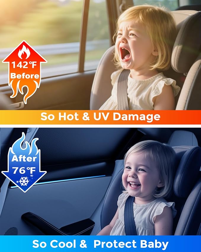 DMJN Car Window Shades for Baby (100% Efficient Block UV & Scorching Sun) Car Privacy Shades for Side Windows,Easy to Install,Nano Ice-Crystal Coatings-Universal Fit (Large),2 Pack