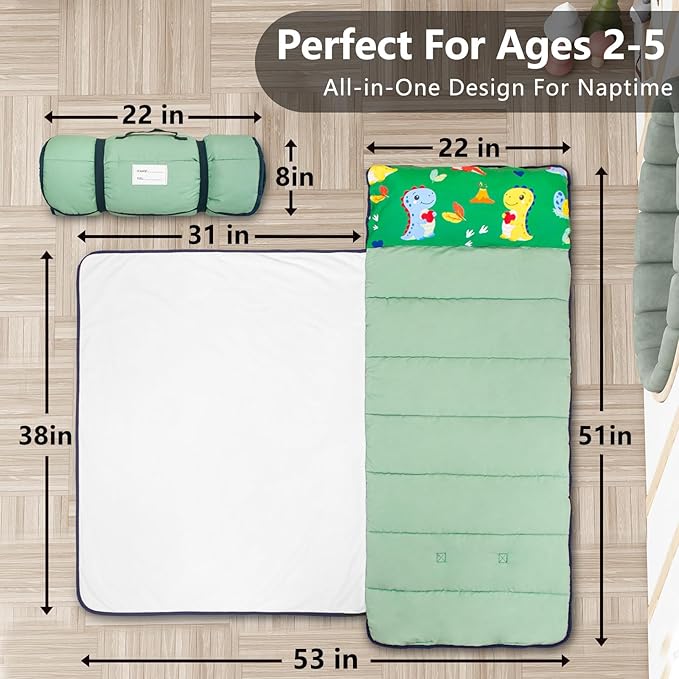 Primlect Lightweight Toddler Nap Mat, Portable Rolled Design Perfect for Daycare Travel, 51”x31 All-in-One Sleeping Bag with Removable Pillow and Fleece Blanket for Boys Girls, Machine Washable