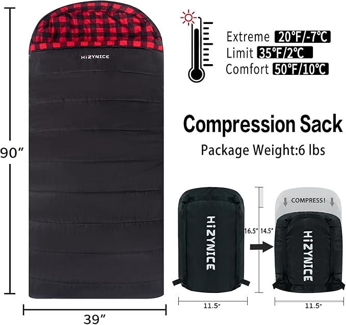 HiZYNICE Cold Weather Sleeping Bag 100% Cotton Flannel XXL for Adults Big and Tall,Free Compression Sack