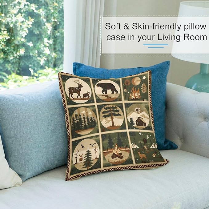 ITFRO Set of 2 Birthday Gift Wildlife Bear Deer Forest Bonfire Pine Tree Short Plush Both Sides Square Retro Checkered Throw Pillow Cover Cushion Case Farmhouse Sofa Decor 18x18 Inches (Checkered)