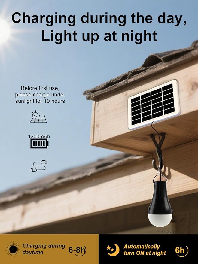 Dusk to Dawn Solar Light Bulbs Waterproof, Rechargeable Chicken Coop Light with Timer, 3 Color Temperatures, 4 Light Modes, Solar Emergency Lights for Indoor, Outdoor, Hurricane, Storm