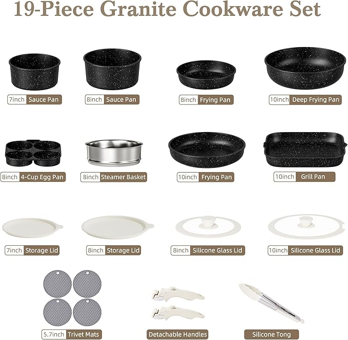 Pots and Pans Set - 19PCS Induction Cookware Set Detachable Handle Nonstick Kitchen Cookware Sets, Non-toxic Non-stick Cooking Set, Pot and Pan Set Removable Handle, Oven & Dishwasher Safe
