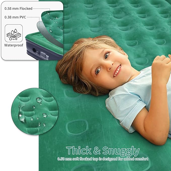 Queen Air Mattress with Built in Pump/USB-C Rechargeable Detachable-16'' Double High Inflatable Air Bed for Camping, Home&Guests, 3 Min Self Inflating/Deflating Top Flocking Blow Up Bed with Carry Bag