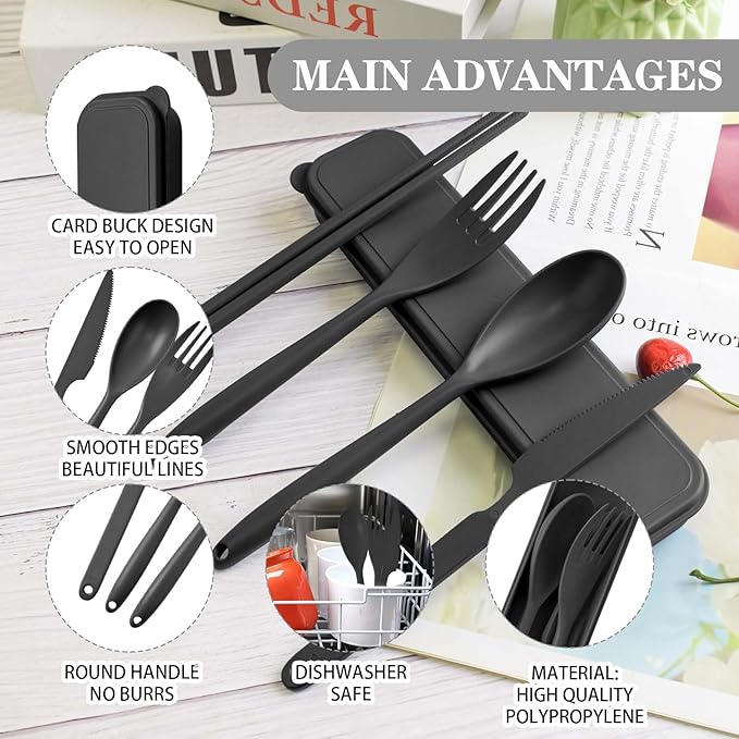 Large Reusable Travel Utensils Set with Case, Plastic Set for Adults Travel Picnic Camping, Portable Flatware Cutlery Set with Chopsticks for Daily Use(Black)