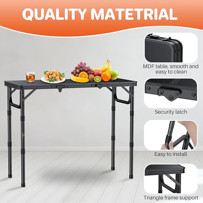 FUNYKICH 3ft Portable Small Folding Table L34.2''xW15.7'', 3 Adjustable Height Small Foldable Tables, Lightweight Aluminum Beach Table with Carry Handle for Car Camping, Backyard BBQ, Picnic, Travel