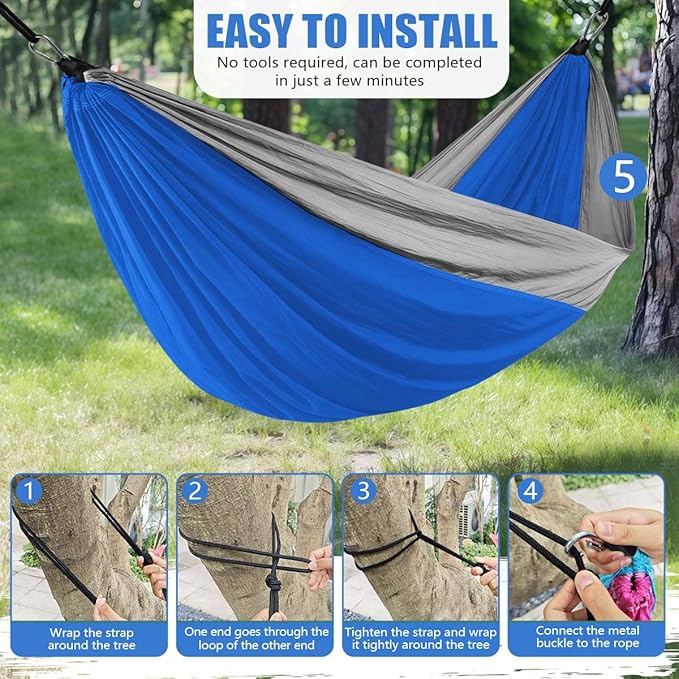 OBTANIM Camping Hammock 500lbs Portable Lightweight Single or Double Hammock with Tree Straps and Carry Bag for Camping Backpacking Hiking Travel Beach Outdoor Indoor (Gray and Dark Blue)