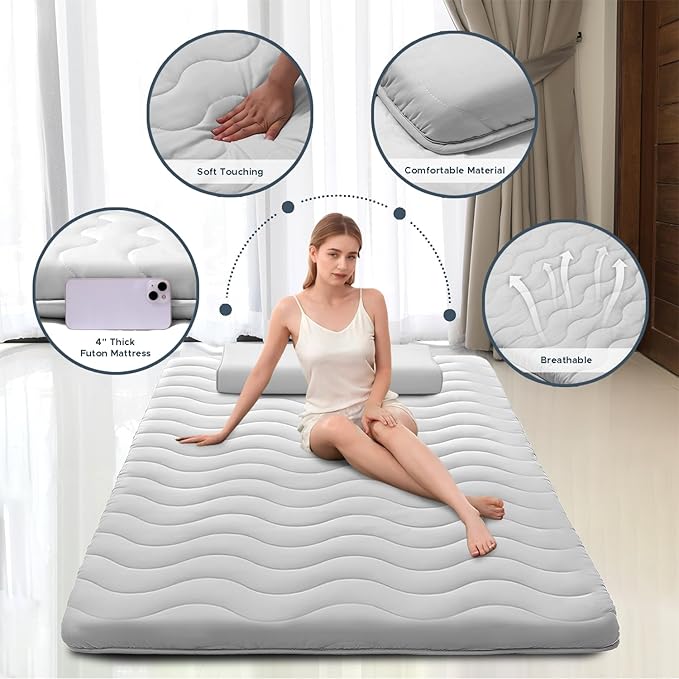 SCHNAUZER HOME Japanese Floor Mattress, 100% High Density Comfortable Foam, Foldable Tatami Mat Sleeping Pad, Ideal for Comfort and Support, Kids Floor Lounger Bed Sofa, Light Grey, Twin