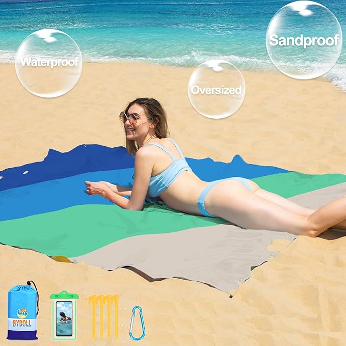 BYDOLL Beach Blanket 78''X81'' Waterproof Sandproof Suits1-4 Adults Oversized Lightweight Large Blanket Picnic Mat for Beach Sand Free Travel Camping Hiking Picnic