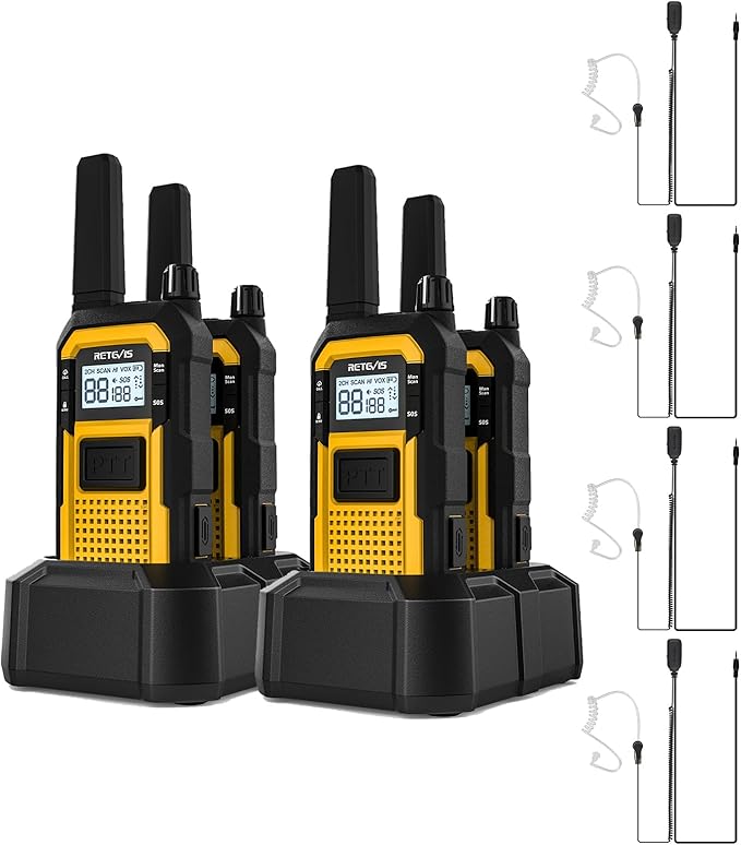 Retevis RB48 Waterproof Walkie Talkies with Earpieces, MIL-STD 810H Two Way Radios, 2-M Fallproof, VOX, 2000 mAh, Dual PTT, Vibration Call, Portable FRS Two-Way Radios Long Range, for Jobsite(4 Pack)