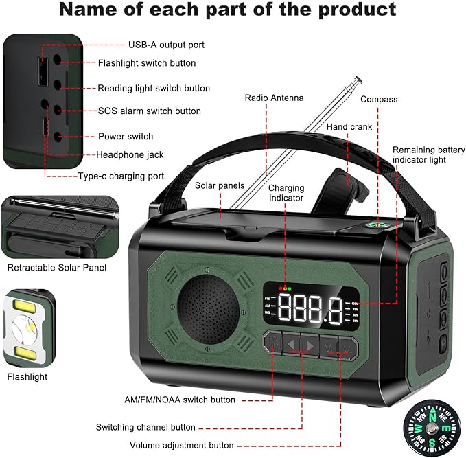 44400mWh/12000mAh Emergency Radio, Hand Crank Portable Solar Radio AM/FM/NOAA Weather Radio with 2 Solar Panels,3 Charging Methods,SOS Alarm,Flashlight,Phone Charger,Compass,Reading Lamp