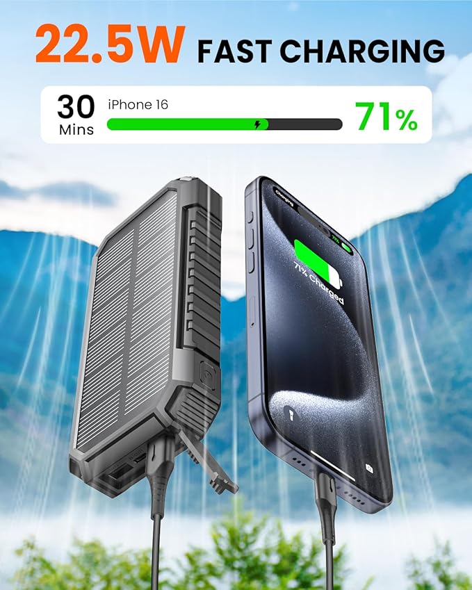 Riapow Solar Charger Power Bank - 27000mAh Wireless Portable Charger Built in 2 Cables - 22.5W Fast Charging Battery Bank with USB C in/Output - PD QC 3.0 Battery Pack Flashlight for Outdoor