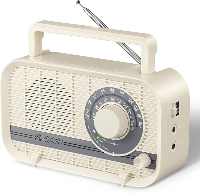 Portable AM FM Radio Plug in Wall or Battery Operated Radio with Best Reception, Bluetooth,Headphone Jack,Large Dial Easy to Use for Seniors Elderly Cream