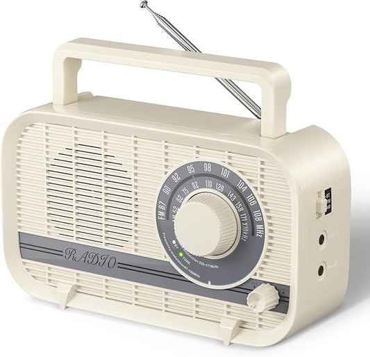 Portable AM FM Radio Plug in Wall or Battery Operated Radio with Best Reception, Bluetooth,Headphone Jack,Large Dial Easy to Use for Seniors Elderly Cream