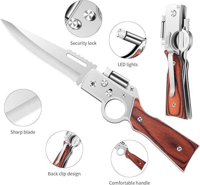 AK47 Style Tactical Folding Knife 6-Pack – Bulk Set with LED Light, Wood Handle, Laser Engraving Ready, Best Man Gifts, Outdoor Camping Hiking Gear for Groups (6)