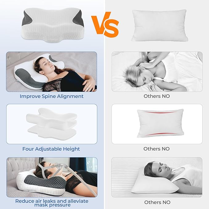 Elviros Cervical Neck CPAP Pillow for Sleeping, Ergonomic Adjustable Height Neck Support Memory Foam Bed Pillow for CPAP Users with Sleep Apnea, Suitable for Side and Back Sleepers