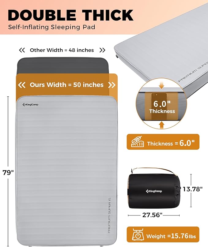 KingCamp Self Inflating Sleeping Pad, 6" Ultra Thick R 15.5 Air & Foam Camping Mattress 2 Person, Full Size Double Sleeping Pad for Camp Tent Outdoor Car, PVC Free, Grey
