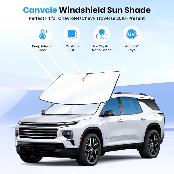 Canvcle Windshield Sun Shade for Chevrolet/Chevy Traverse 2018-2025 2026 Accessories Upgraded Double-Layer Foldable Front Window Sunshade Cover Sun Visor Protector Block UV Rays Keep Vehicle Cool