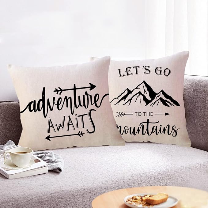 ULOVE LOVE YOURSELF Adventure Awaits Throw Pillow Cover with Arrows Let’s Go to The Mountains Adventure Decor Cushion Covers Cabin/Camper Decorative Pillowcases 18 x 18 Inch,Set of 2
