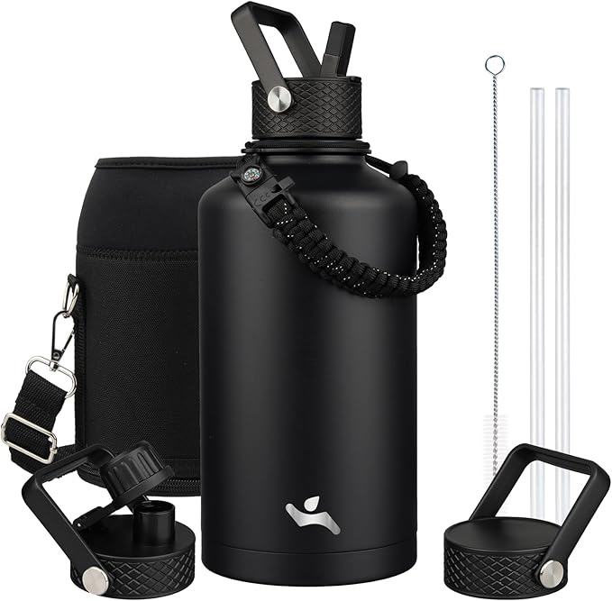 Konokyo Insulated Water Bottle with Straw,87 oz 3 Lids Water Jug with Carrying Bag,Paracord Handle,Double Wall Vacuum Stainless Steel Metal Flask,Black