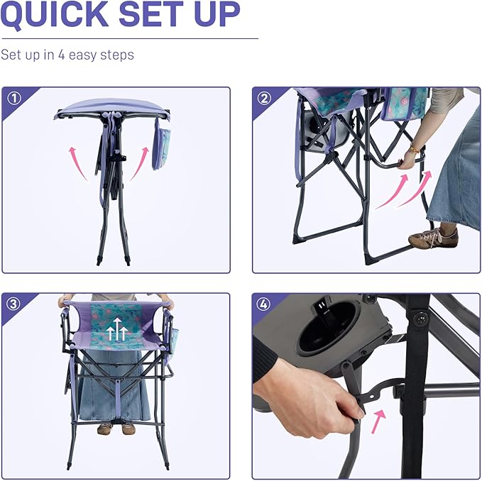 EVER ADVANCED Portable 30.7" Seat Height Tall Folding Camping Chair Directors Chair High Foldable Bar Stool with Side Table for Makeup Artist, Sports Event, Craft Show, Supports 350LBS