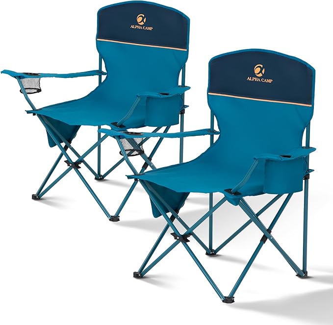 ALPHA CAMP Folding Camping Chairs for Adults Lawn Chairs Outdoor Chairs Support 250 LBS Portable Camp Chairs with Cup Holders Cooler Pouch for Outdoor, 2 Pack