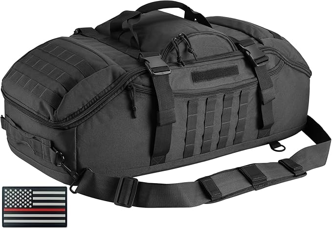 Hannibal Tactical 65L Large Duffle Bag, 3-in-1 Tactical Backpack MOLLE Pack for Workout, Sports, Gym, Outdoor, Black Red Patch
