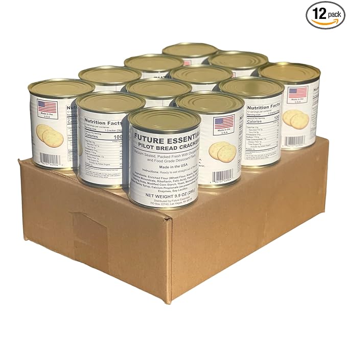 Future Essentials Pilot Bread Survival Crackers – Emergency Food Supply – 30-Year Shelf Life – Ready to Eat Hardtack Biscuits – #2.5 Can, Made in USA, 12 Crackers per Can, Pack of 12