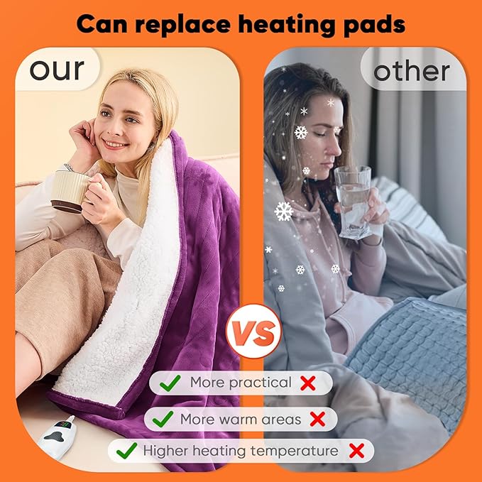 greenoak Heated Blanket Electric Twin 62"X84", Heating Blanket with 10 Heat Levels 1/2/4/6/8 Hours Auto-Off, Soft Flannel Sherpa Warm Heater Christmas Blanket,Taro Purple
