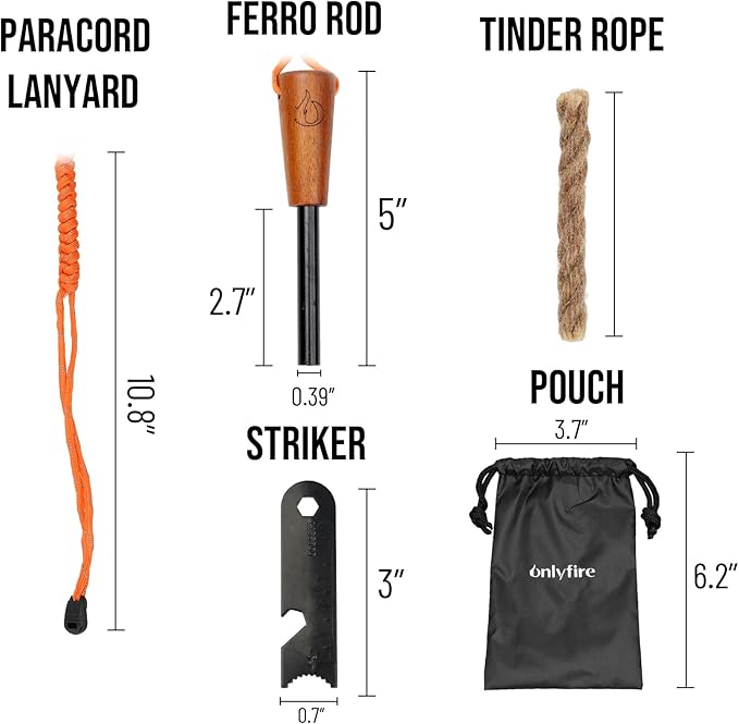 onlyfire Fire Starter Survival Tool, Ferro Rod Kit with Tinder Wick, Pouch, Waterproof Flint and Steel Fire Starter for Camping, Hiking and Backpacking Gear