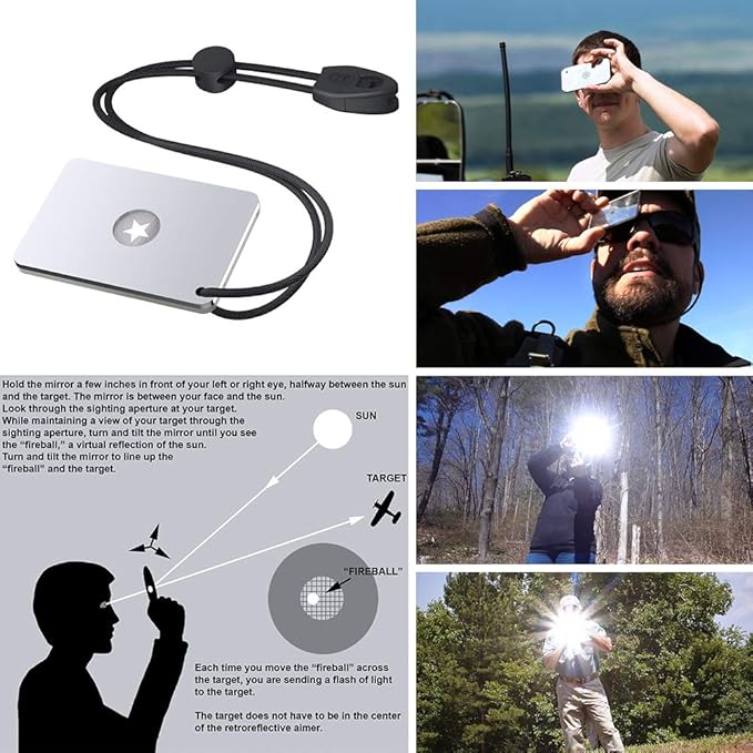 Signal Mirror Survival Tools, Military Grade Hiking Camping Mirror 2 x 3 inch with Small Compass and Whistle for Outdoor Adventure Emergency SOS Mirror