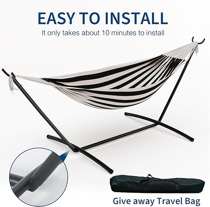 Double Hammock with Steel Stand - 2 Person Hammock Bed Indoor Outdoor, Brazilian-Style, with Carry Bag, 450lb Capacity, Portable & Easy Assembly, Black