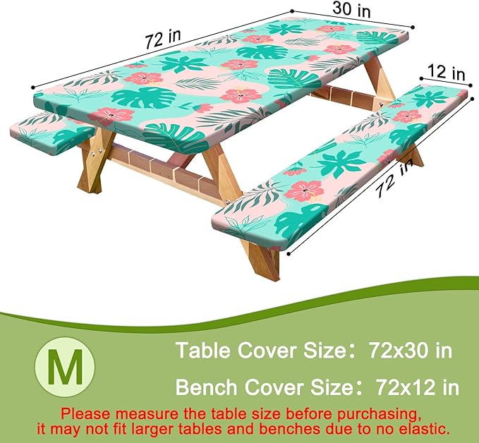 Picnic Table Cover with Bench Covers Portable Table Cloth Built-in Storage Pocket Fitted Tablecloth with Elastic Edges Waterproof Camping Essentials for Indoor Outdoor Rv,72in,Teal Pink