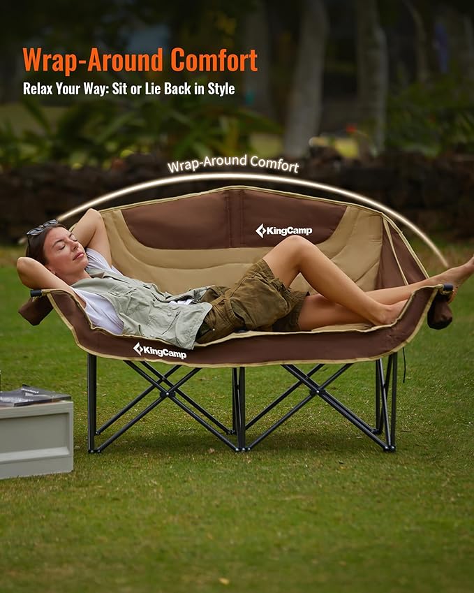 KingCamp Double Camping Chair, Oversized 880lbs Heavy Duty Loveseat for Adults Portable Folding XL 2 Person Couch Padded Comfortable Two Seat with Cup Holder for Outdoor Lawn Backyard, Khaki/Coffee