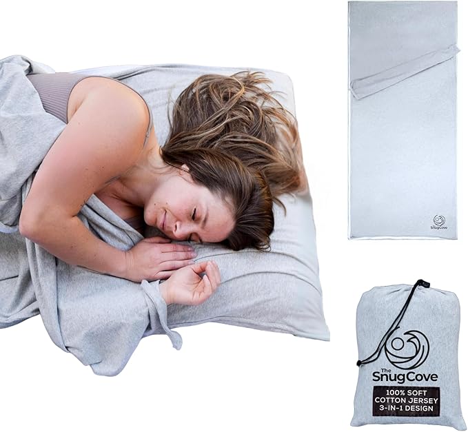 Soft Cotton Sleeping Bag Liner – 100% Organic Jersey Cotton Travel Sheet with Full Zipper, Lightweight Camping Sheet for Hotel & Travel, Single or Double Convertible Stretchy Sleep Sack for Adults