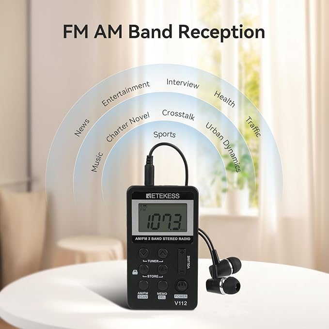 Retekess V112 AM FM Pocket Radio, Digital Radio with Earphone, Rechargeable Battery with LCD Display for Walking, Jogging, Training(Black)