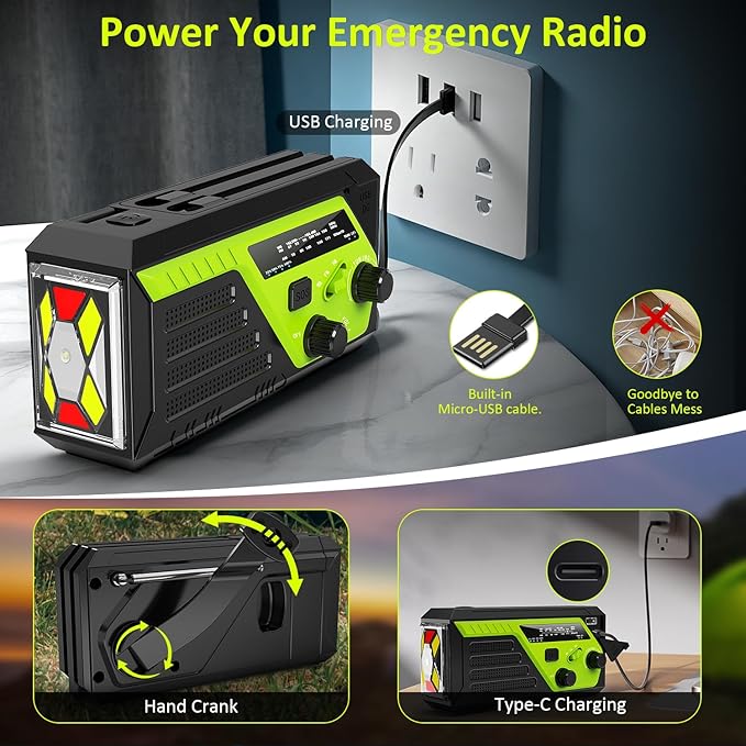 Weather Radio 22000mWh AM FM NOAA Emergency Radio with 4 Charging Cables, Flashlight, Reading Light, SOS Alarm, Phone Charging Hand Crank Radio for Home Outdoor Emergencies.