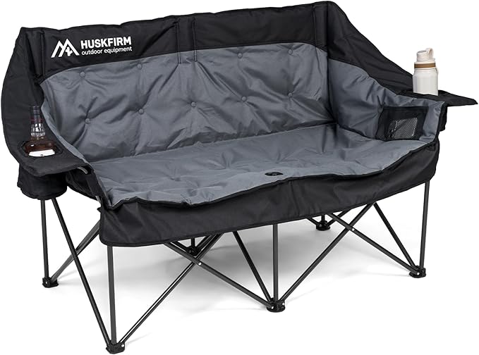 Huskfirm Double Camping Chair Oversized Padded Camping Chairs for Adults Folding Loveseat with Cup Holders and Side Pockets Heavy Duty Outdoor Lawn Chairs for Camping,Sports, Fishing,Beach,Black